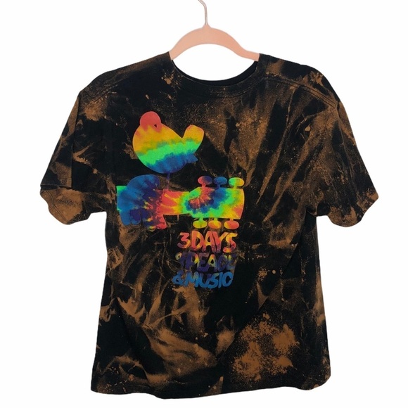 Custom Bleach Dye WOODSTOCK 1969 Tie Dye Modern Graphic Spell Out T Shirt - Picture 4 of 7